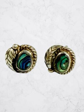 Vintage Sterling Silver 925 Abalone Twisted Rope Leaf Stud Earrings Green Eye